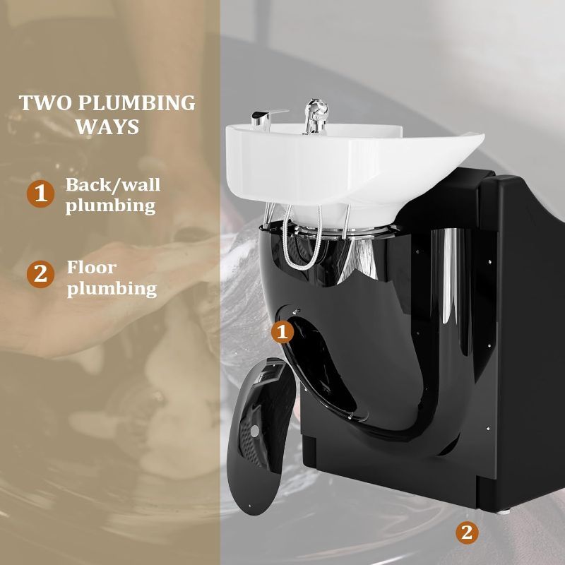 OmySalon Shampoo Sink for Salon, Hair Wash Chair with White Porcelain Shampoo Bowl, Electric Shampoo Station Backwash Barber Chair, Beauty Spa Massage Hairdressing Equipment