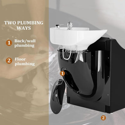 OmySalon Shampoo Sink for Salon, Hair Wash Chair with White Porcelain Shampoo Bowl, Electric Shampoo Station Backwash Barber Chair, Beauty Spa Massage Hairdressing Equipment