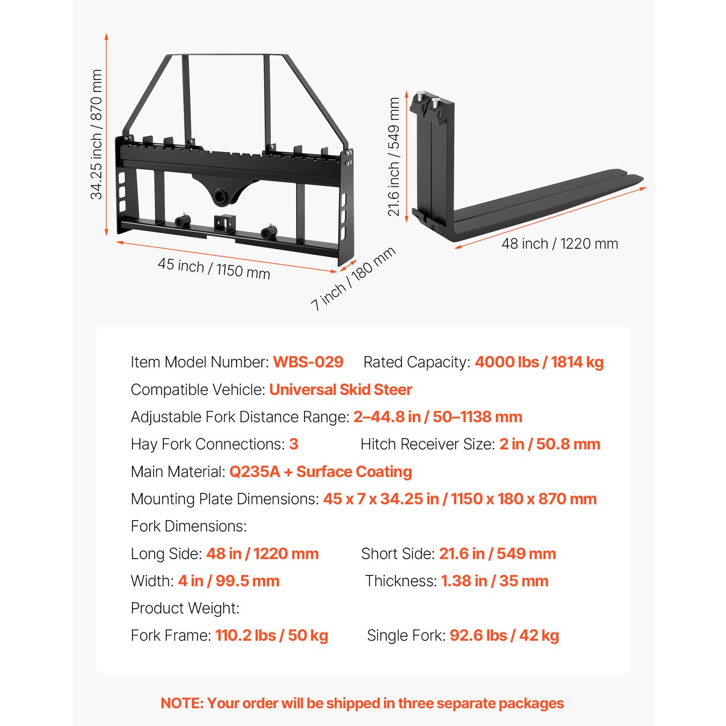 Pallet Fork Frame Attachment with 48-inch Skid Steer Pallet Forks 4000 lbs