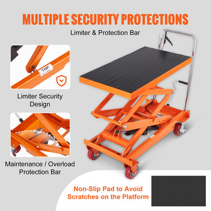 Hydraulic Lift Table Cart, 770/1760lbs Capacity 59" Lifting Height, Manual Double Scissor Lift Table with 4 Wheels and Non-slip Pad, Hydraulic Scissor Cart for Material Handling and Transportation