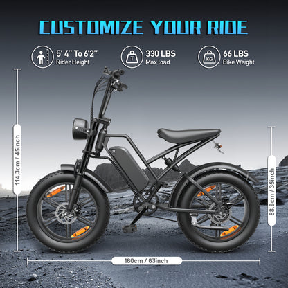 An Electric Bicycle Equipped with a 48 Volt 500 Watt Motor, 20 Inch Wide Tires, Heavy-Duty Design, Comfortable Suspension System, a Choice for Adventure Enthusiasts. Excellent