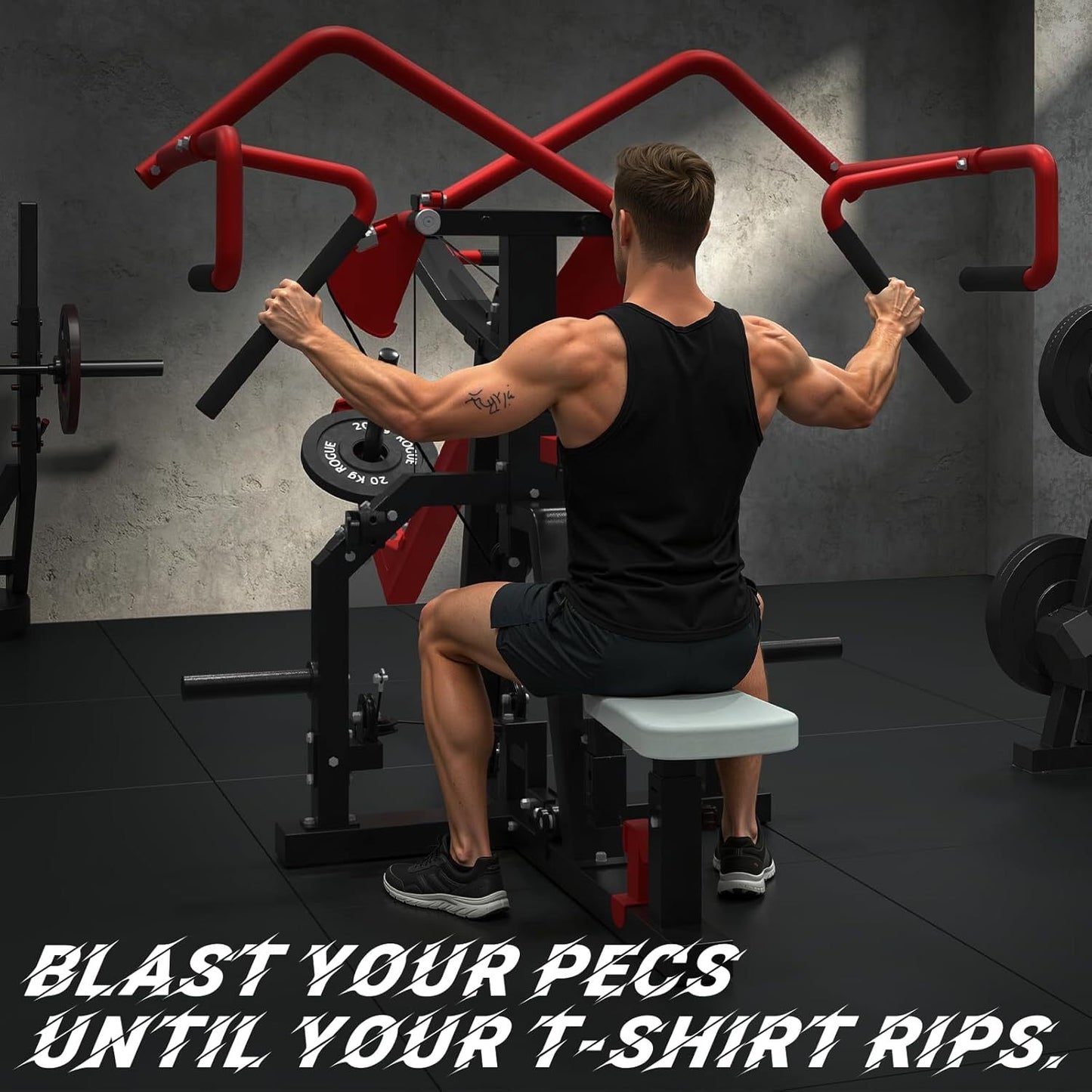 3-in-1 LAT Pull Down Scissor-Style feat Seated Row & Tricep Machine, Back Workout Plate Loaded Machine, LAT Tower with Cable Row Attachment, Home Gym Pulley System Machine