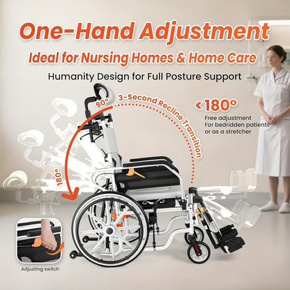 4-in-1 Reclining Wheelchairs, Waterproof Shower Bathroom Wheelchair, Transport Wheelchairs with Elevating Leg Rests And Potty- 18.5" Wide Seat Heavy Duty Recliner Wheel Chair for Seniors & Adults