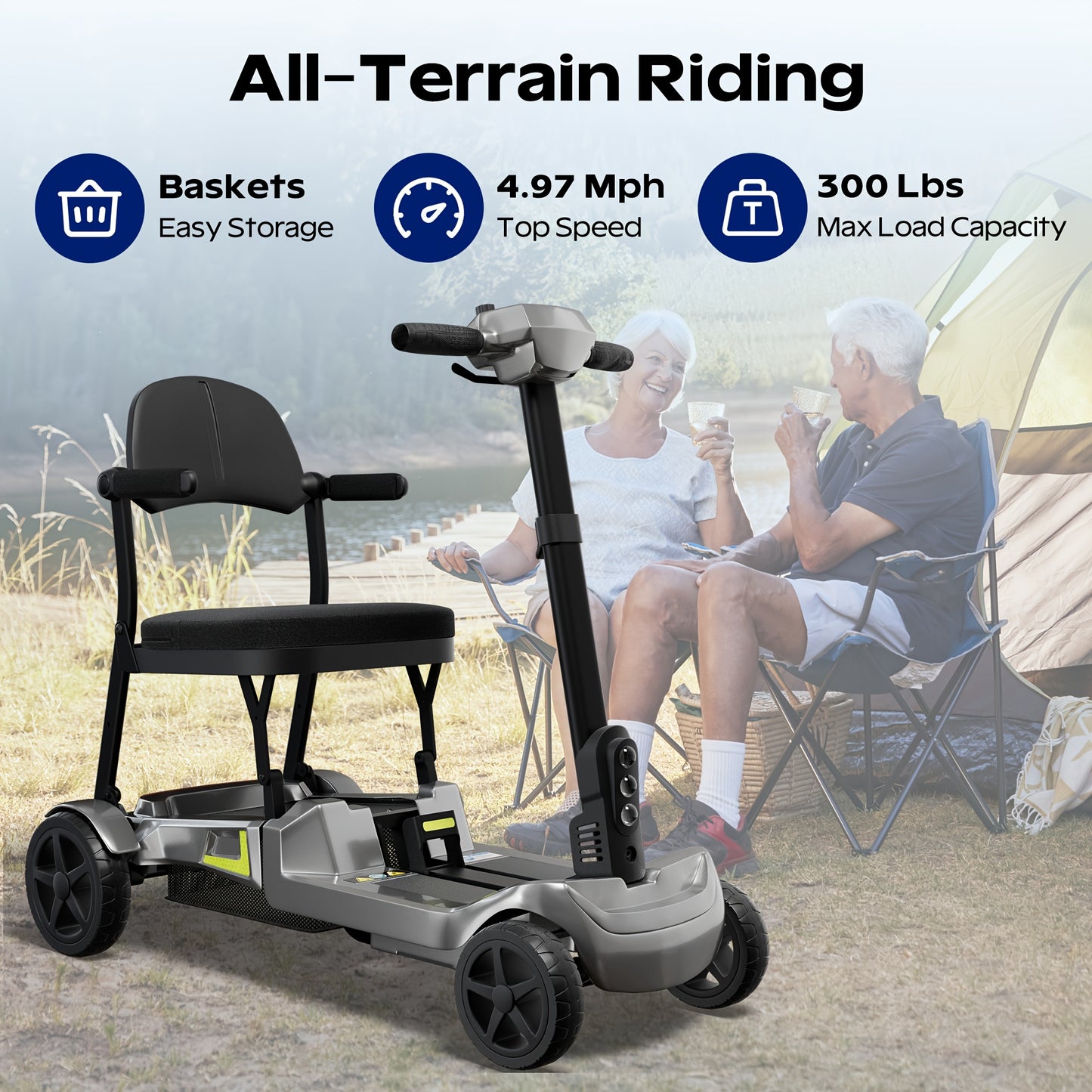 Foldable Powered 4 Wheel Mobility Scooter for Seniors, Lightweight Portable Electric Scooter for Adult, Dual Lithium Batteries, Climbing All Terrain Motorized Scooter with Headlight, Elderly Outdoor Riding, Liftable Handlebar