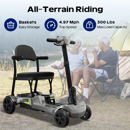 Foldable Powered 4 Wheel Mobility Scooter for Seniors, Lightweight Portable Electric Scooter for Adult, Dual Lithium Batteries, Climbing All Terrain Motorized Scooter with Headlight, Elderly Outdoor Riding, Liftable Handlebar