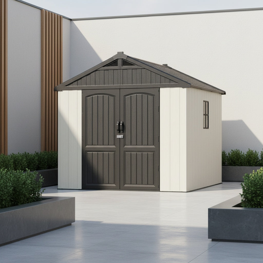 GUNJI 8X8 FT Outdoor Storage Shed with Lockable Door, Large 403 Cuft Resin Shed with Floor Roof Windows Vents, All-Weather Plastic Storage Shed Tool Organizer for Backyard Garden Patio Lawn
