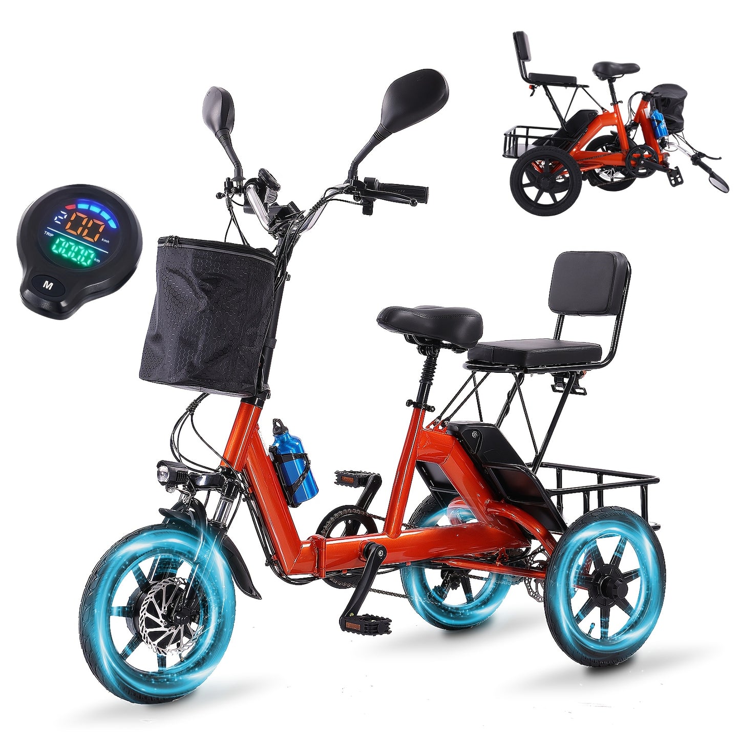 Foldable Electric Tricycle for Home Use, Adult Electric Tricycle, Electric Pedal Bike with 480WH Removable Battery, Dual Seats with Front And Back Baskets, Electric Tricycle for Transporting Kids And Elderly, 45 Miles 3 Riding Modes Etrike
