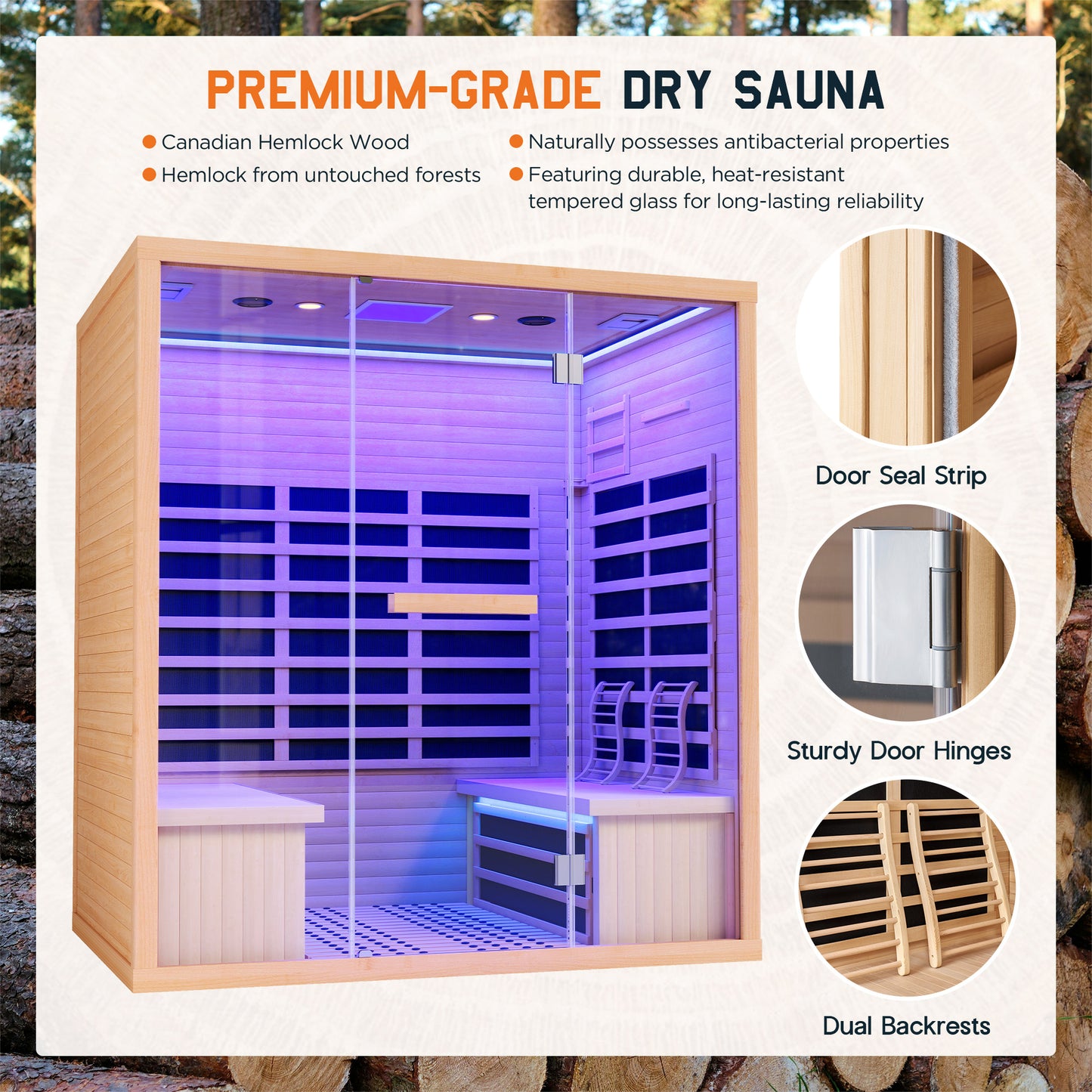 4-Person Infrared Sauna, 2145W Hemlock Wood Indoor Spa with Foot Warmer& 7-Color Light Therapy, Ambient Light Strips 63.2"x47.2"x75.2"