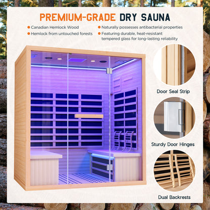 4-Person Infrared Sauna, 2145W Hemlock Wood Indoor Spa with Foot Warmer& 7-Color Light Therapy, Ambient Light Strips 63.2"x47.2"x75.2"