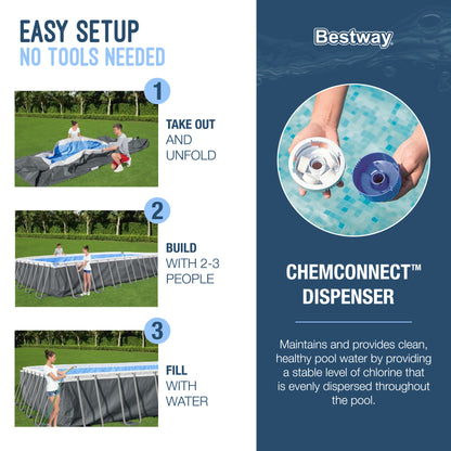 Bestway Power Steel Rectangular Metal Frame Above Ground Swimming Pool Set with 1500 GPH Sand Filter Pump, Ladder, and Pool Cover