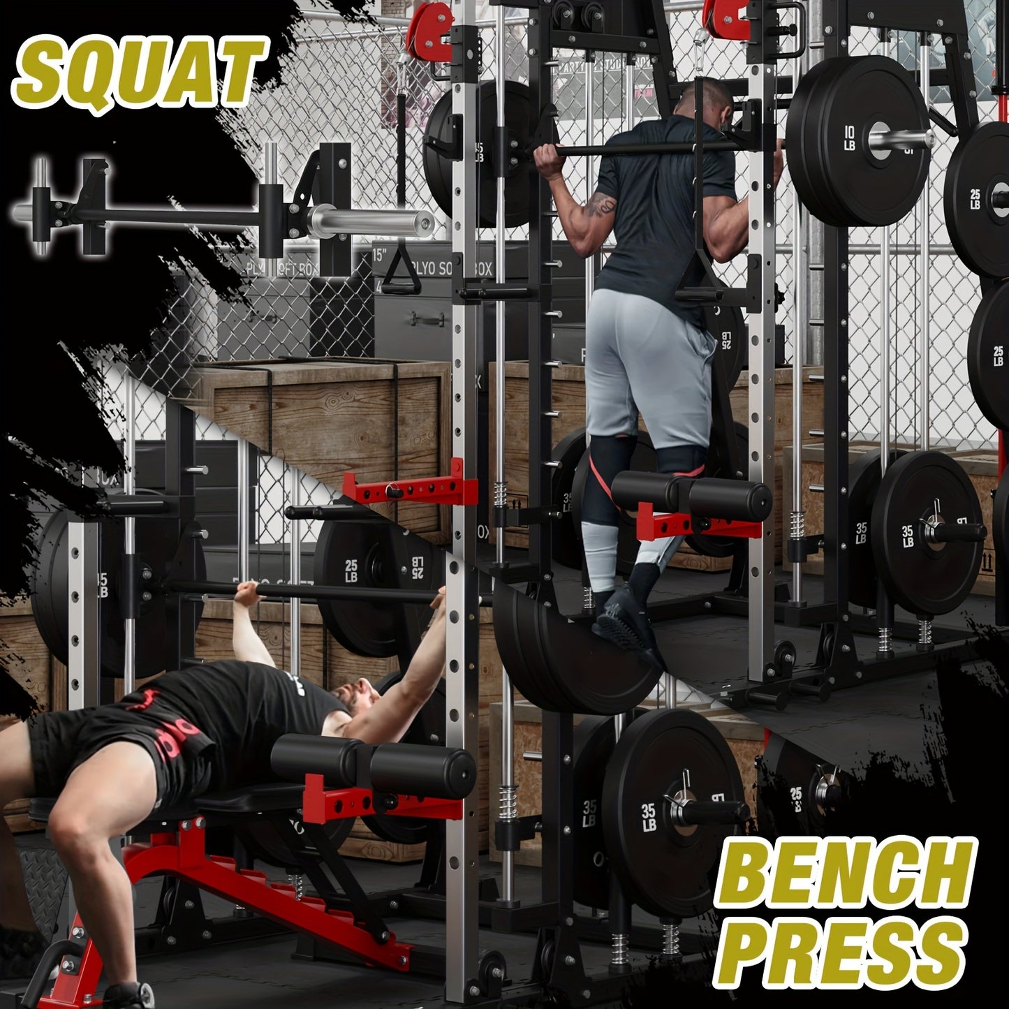 ALL-IN-ONE 2200lbs Smith Machine Home Gym, Squat Rack with LAT-Pull Down System & Cable Crossover Machine, Training Equipment with Weight Bar, 360° Landmine, Barbell Holders And Other Attachments, Total Body Strength Training Cage