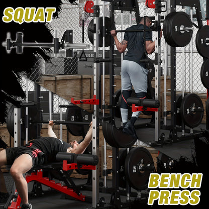 ALL-IN-ONE 2200lbs Smith Machine Home Gym, Squat Rack with LAT-Pull Down System & Cable Crossover Machine, Training Equipment with Weight Bar, 360° Landmine, Barbell Holders And Other Attachments, Total Body Strength Training Cage