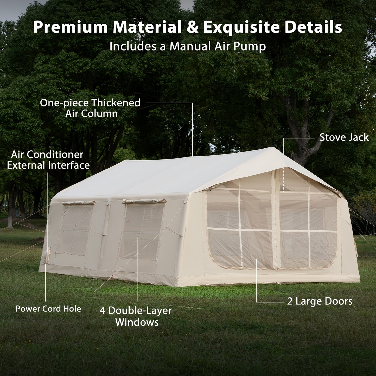 186Sqft Inflatable Camping Tent with Hand Pump Easy Setup Outdoor Air Tent 4 Seasons Glamping Cabin House with Windows And Door