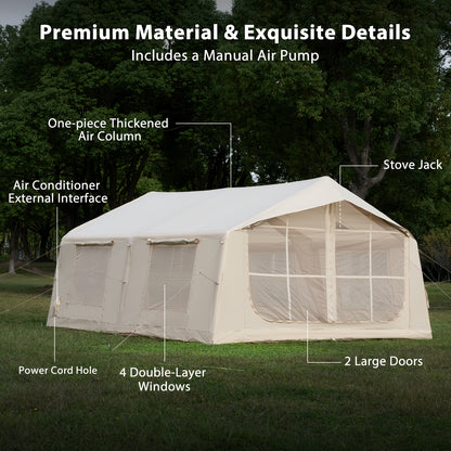 186Sqft Inflatable Camping Tent with Hand Pump Easy Setup Outdoor Air Tent 4 Seasons Glamping Cabin House with Windows And Door