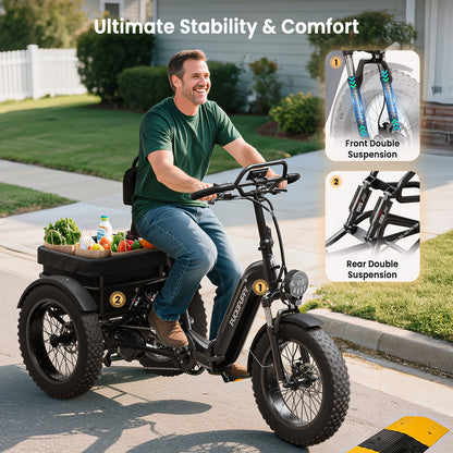 Full Suspension Electric Tricycle for Adults - Heavy-Duty All-Terrain 20" Tire Trike with 48V 720Wh Battery, 75-Mile Range & 19MPH Top Speed, Reverse Gear, Torque Sensor, Large Basket & Turn Signals, Front/Rear Suspension, Dual-Brake System