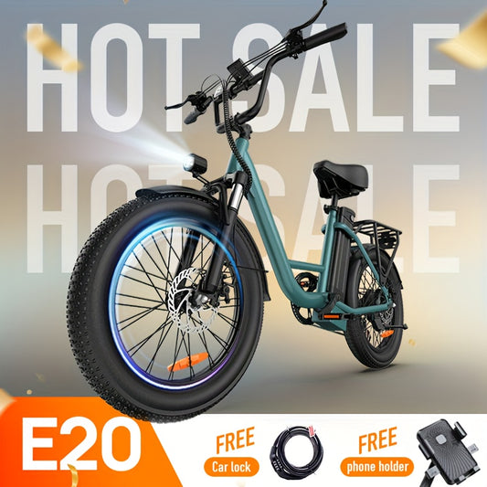 Electric Bicycle 20"*3.0 Tires, 500W Peak Motor, 48V 13Ah Large Battery, Mid-mounted Color Instrument Panel, Front Dual Airbags for Shock Absorption, Maximum Range 40 to 60 Miles, Suitable for Urban Commuting, Puncture Resistant Tires