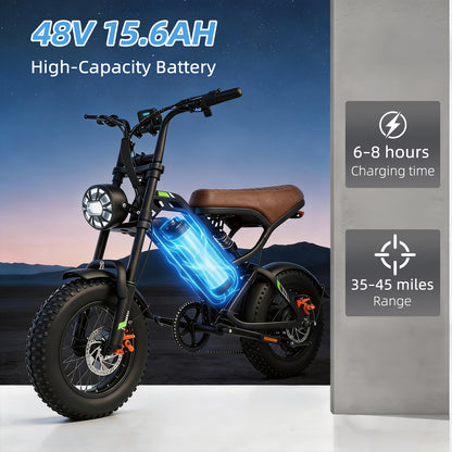 Electric Bike for Adults, 48V 15.6Ah Removable Battery, 19.8MPH Top Speed, 35-45 Mile Range, 16"x4" Tire, Double Shock Absorber, Dual Disc Brakes, High Carbon Steel Frame