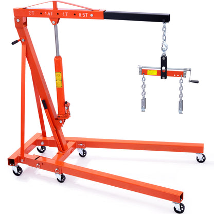 Engine Hoist with Lever, 2 Ton Folding Cherry Picker Shop Crane Hoist Lift, Heavy Duty Hydraulic Engine Crane with 6 Casters, Engine Hoist Lever for Engine Lifting Loading (4400 LBS)