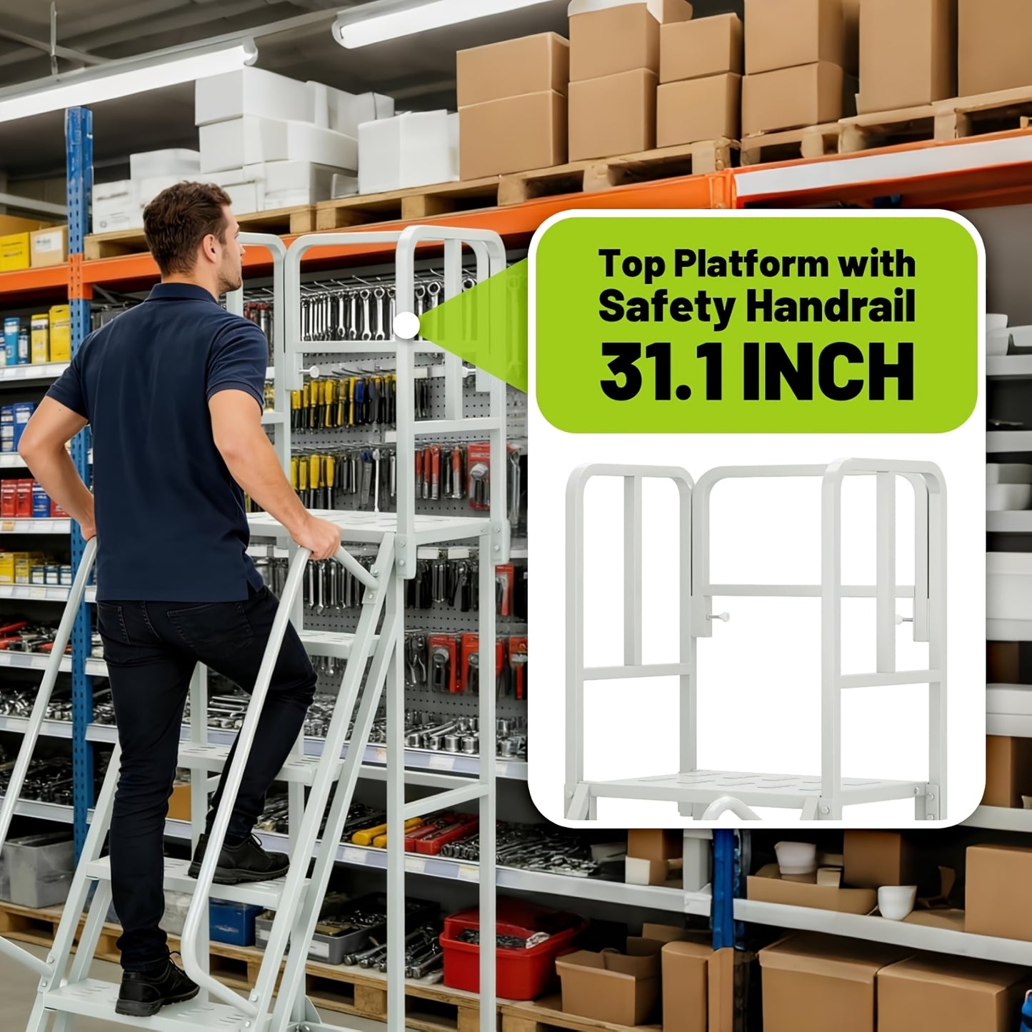 A 6-Step Rolling Ladder Measuring 24 Inches Wide And 90 Inches High, Featuring Dual Handrails And Lockable Wheels, Capable of Supporting Up to 1200 Pounds. This Heavy-Duty Mobile Platform Ladder Is Ideal for Use in Warehouses, Supermarkets