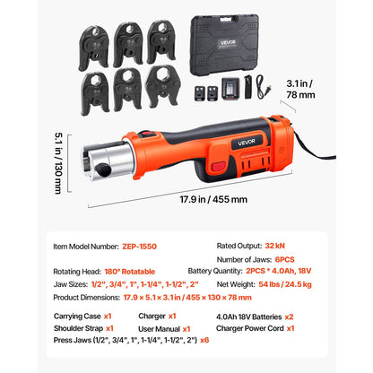 Press Tool, 18V Electric Crimping Tool for 1/2", 3/4", 1", 1-1/4", 1-1/2", 2" Copper Pipes, 32KN Press Tool Compatible with ProPress - with 6 VUS Jaws, 2PCS 4AH Batteries, Charger & Toolbox