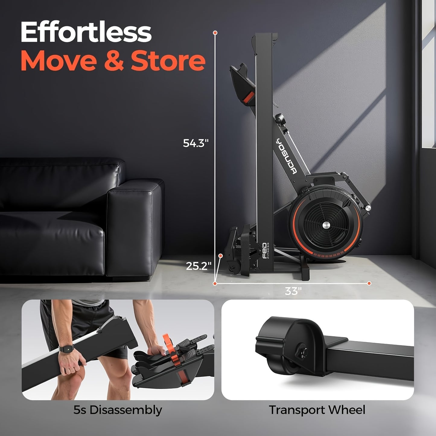Rowing Machine for Home, Professional Adjustable Air Resistance Rower Machines with Self-Powered Monitor, 53.7'' Row Rail, Ergonomic Comfort Seat, Easy Storage.Suitable for Men/Women.
