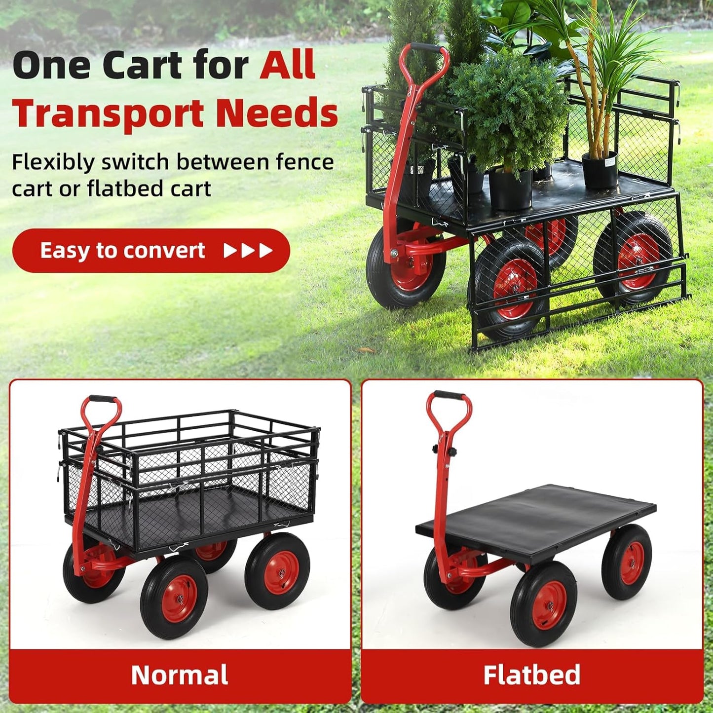 Heavy Duty Garden Utility Cart, Metal Dump Wagon with Removable Sides and 180° Rotating Handle, Yard Garden Cart on Wheels for Outdoor