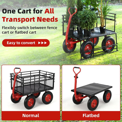 Heavy Duty Garden Utility Cart, Metal Dump Wagon with Removable Sides and 180° Rotating Handle, Yard Garden Cart on Wheels for Outdoor