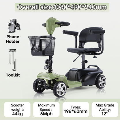 Mobility Aids for The, Four-wheel Foldable Mobility Scooters for Adults, 250w 12V, 12ah 15 Mile Long Range, with LED Headlights And A Detachable Storage Basket. Comes with A Tool Kit, Charger, And Instruction Manual.Holiday Surprise Gift