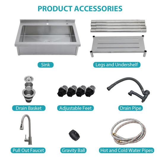 21'D X 36'W X 35.5'H Stainl Steel Large Utility Sink Single Bowl Freestanding Commercial Restaurant Sink with Pull-Out Faucet Utility Sink for Laundry Room Garage Kitchen