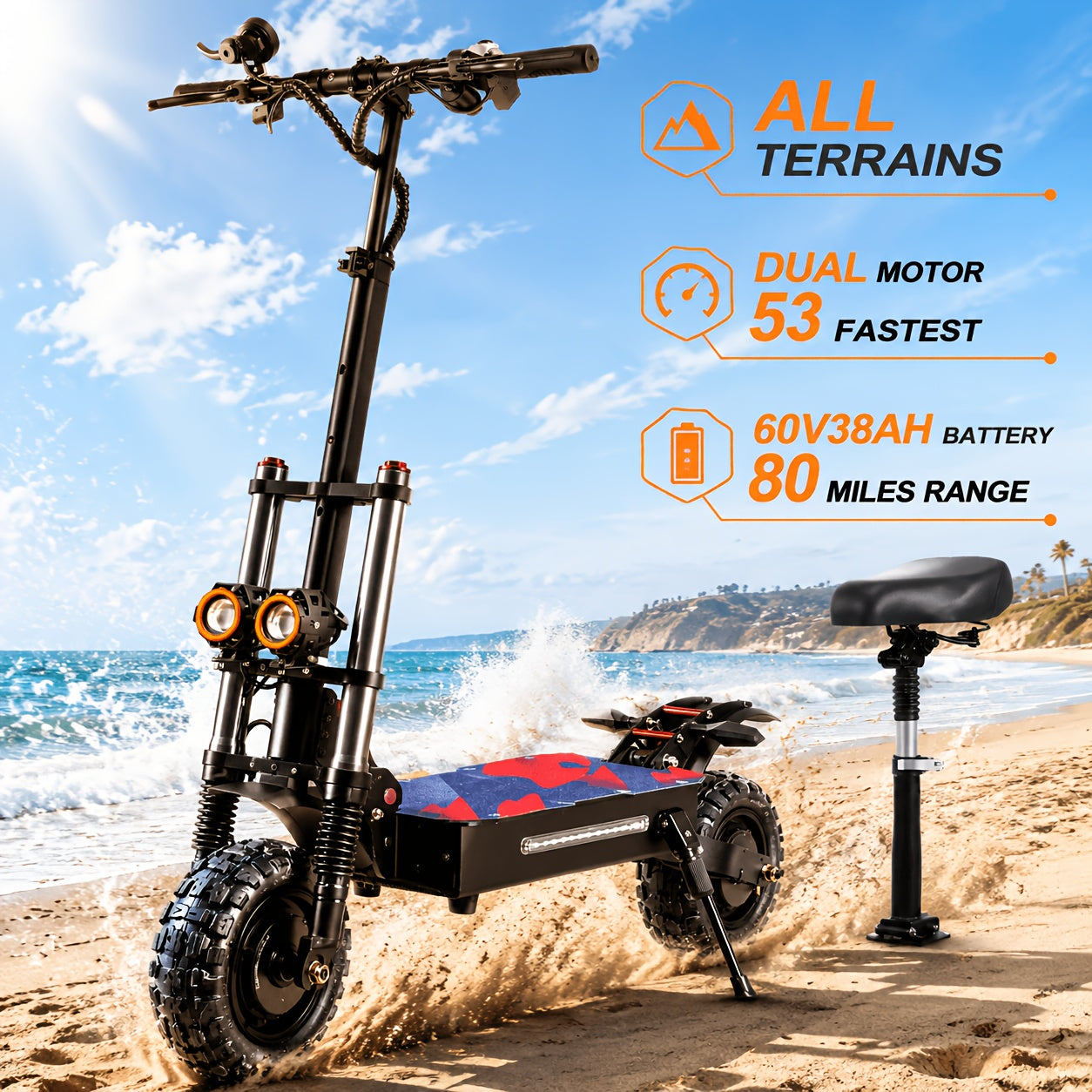 All-Terrain Electric Scooter Front And Rear Dual Drive High-Speed Long-Range Full Hydraulic Shock Absorption Front And Rear Oil Brake with Seat