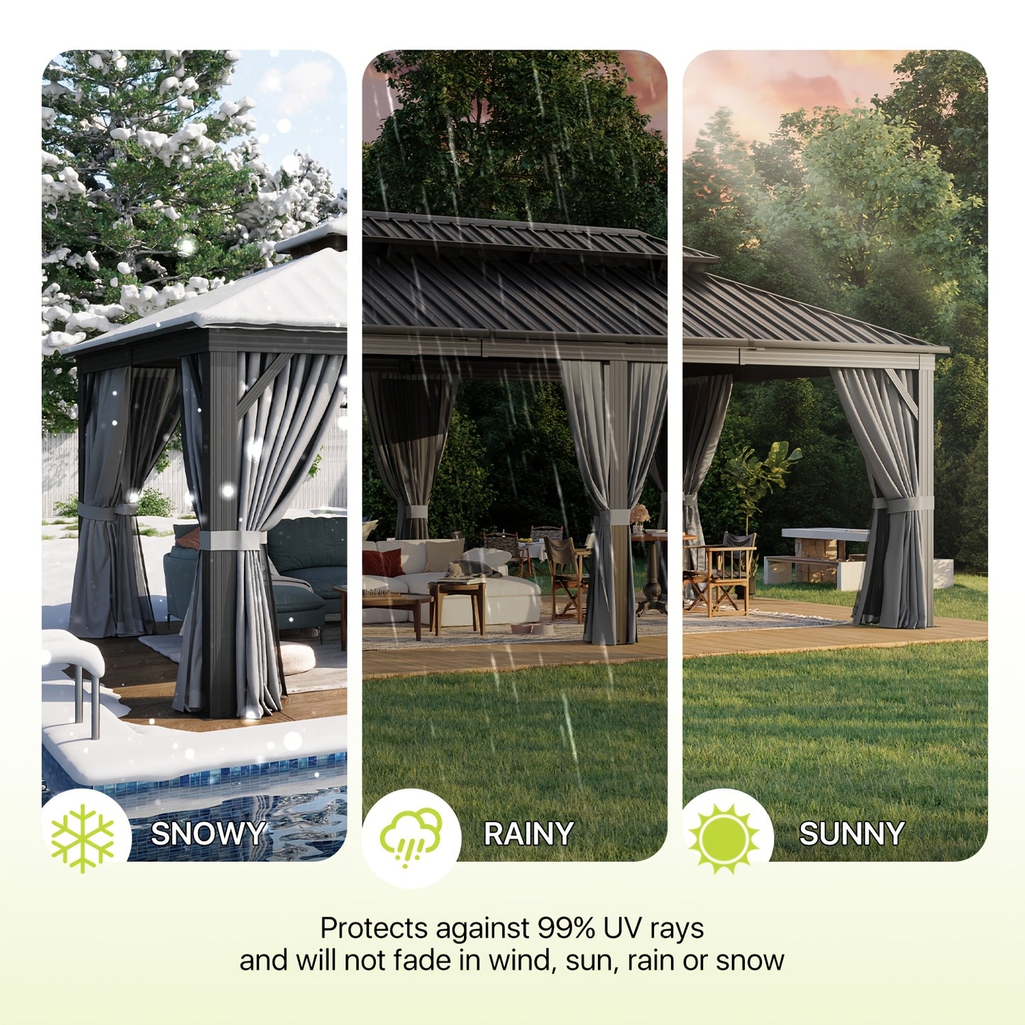 12' X 20' Outdoor Hardtop Gazebo, Aluminum Frame with Double Steel Roof, Privacy Curtain And Netting for Poolside, Backyard