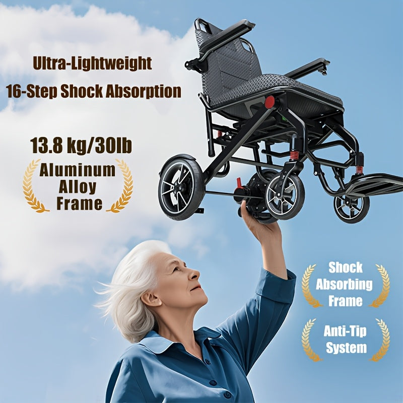 An Airline-compliant Electric Wheelchair. This Luxurious Lightweight Model Is Foldable with A Total Weight Of 13.8kg (30.4 LB). The 12AH Battery Achieves A 15km Range, Integrating Intelligent Anti-tip And Multiple Shock Absorption Features.