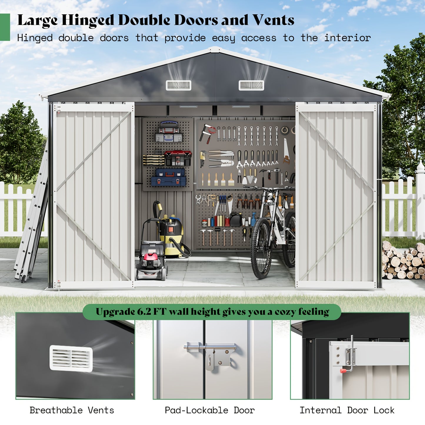 Jocisland 10X12X7 FT Galvanized Steel Storage Shed with 2 4-Pane Windows Hinged Double Doors, Outdoor Shed for Backyard, Garden, Patio