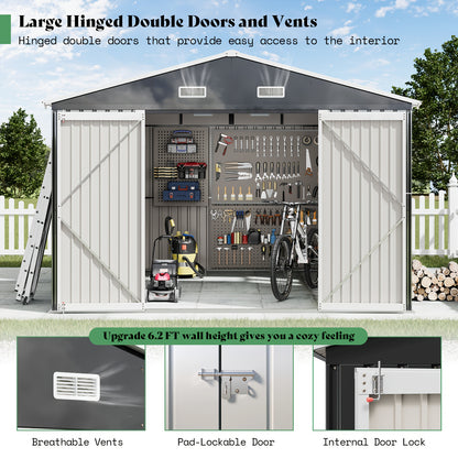 Jocisland 10X12X7 FT Galvanized Steel Storage Shed with 2 4-Pane Windows Hinged Double Doors, Outdoor Shed for Backyard, Garden, Patio