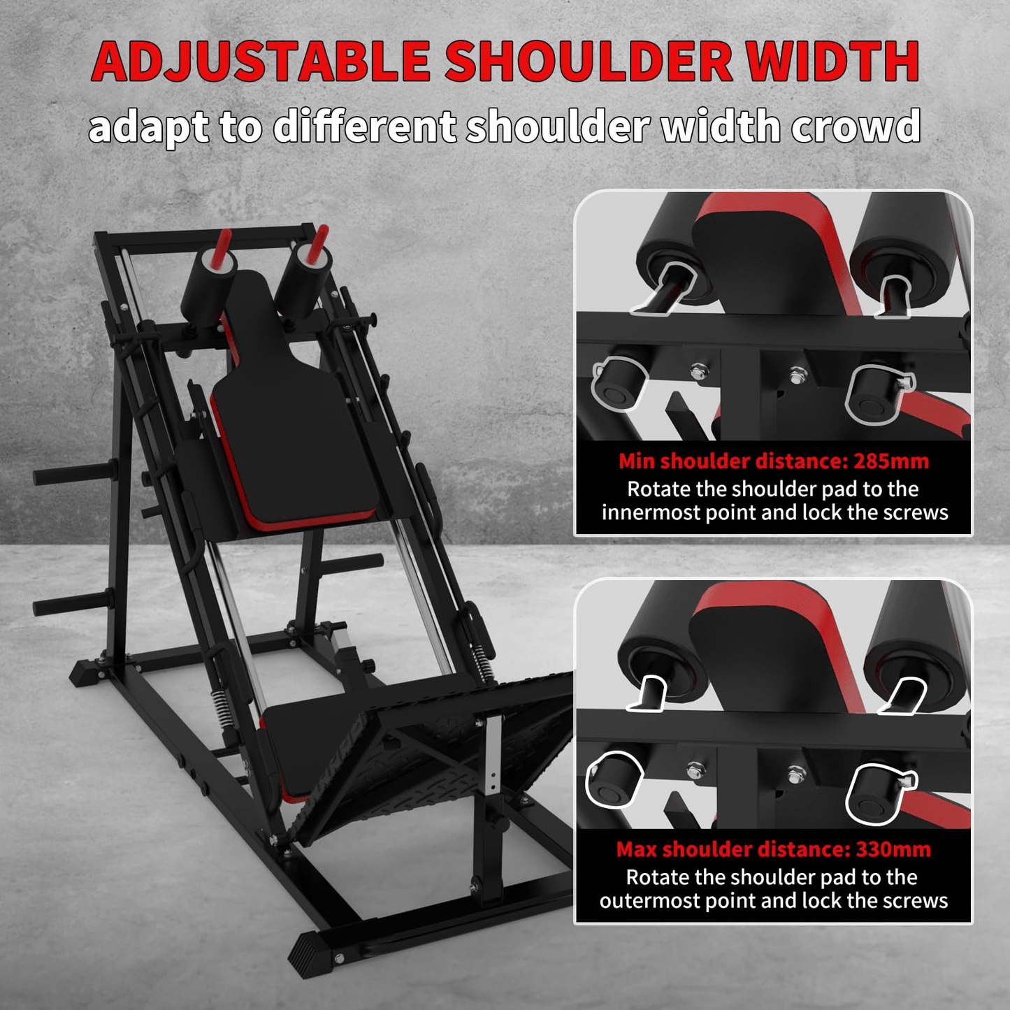 Leg Press Hack Squat Machine, Adjustable Leg Machine, Lower Body Special Leg Machine Hack Squat + Leg Press Combo with 11-13" Shoulder Width, 3-Level Safety Stops & Calf Raise Block for Home Gyms