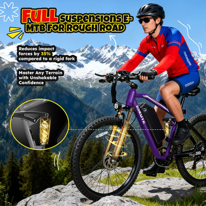Electric Bike for Adults, 27.5" Mountain E-Bike, Brushless Motor, 48V 20.8Ah Up to 80 Miles Range, Full Suspension Step-Over Electric Bicycle And a Helmet Will Be Included As a Gift
