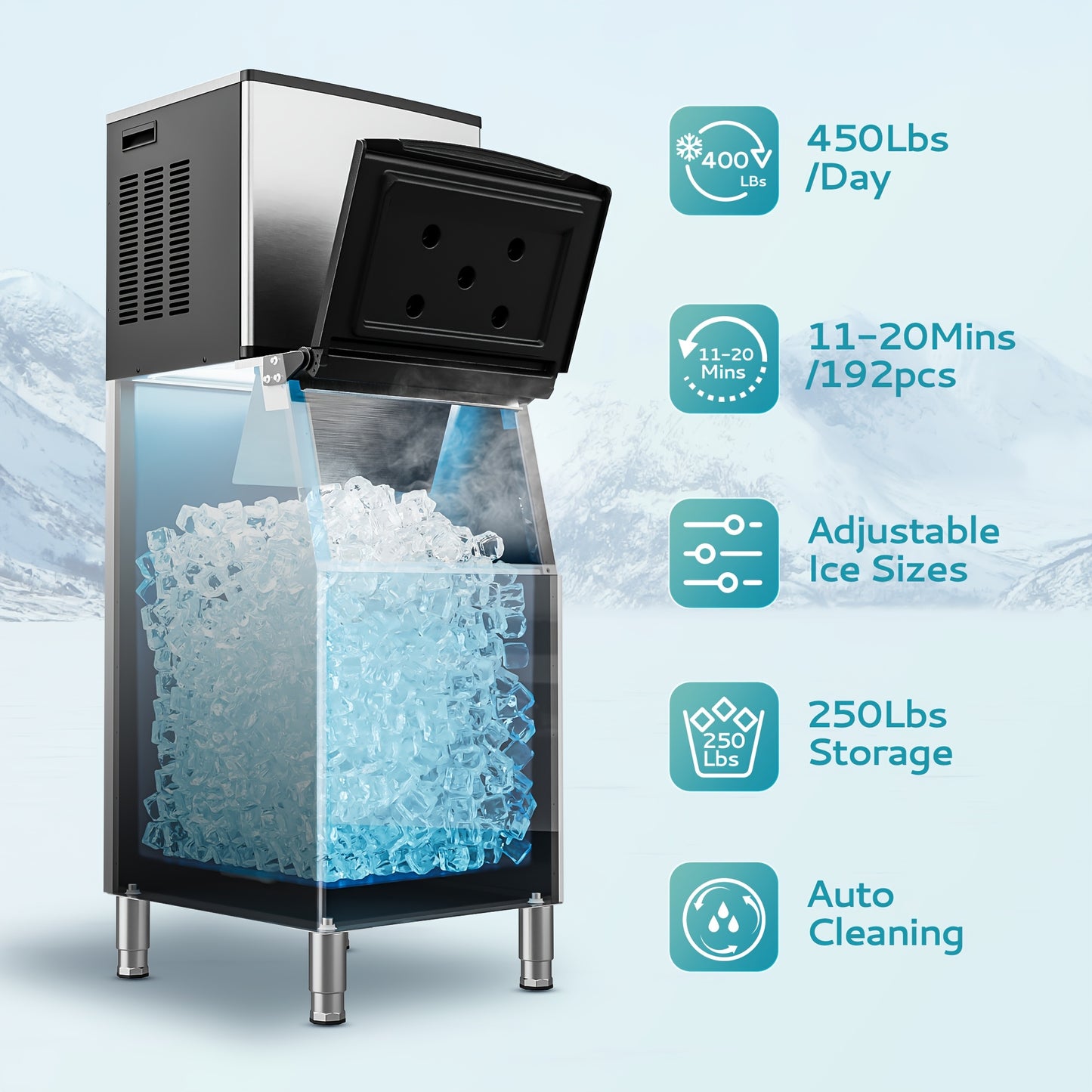 Industrial Ice Maker with a Capacity of 400 Pounds Per Day, Featuring a 250-Pound Storage Bin, Producing Ice in 8 to 15 Minutes, Made of Stainless Steel, Suitable for Bars, Cafes, Restaurants, And Businesses