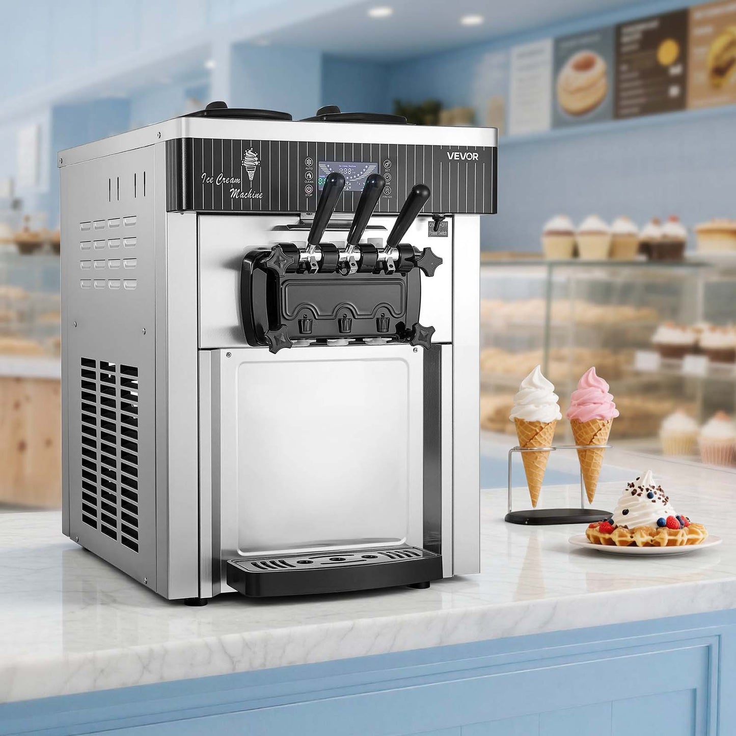 Commercial Ice Cream Machine, 20-28L/H Yield, 2200W 3-Flavor Countertop Soft Serve Ice Cream Maker, Pre-Cooling Self-Cleaning for Snack Dessert Shops