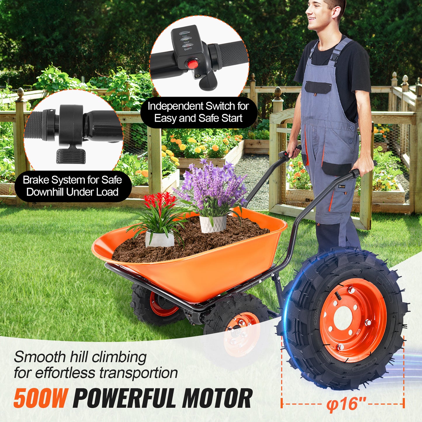 Electric Wheelbarrow Cart, 500W Powered Utility Garden Wagon Dump Cart, 4.5 Cu. Ft. Load & 573 lbs Capacity with Metal Handle & 16" Track Wheels, Two Wheel Barrow Yard Cart & Wagons for Lawn