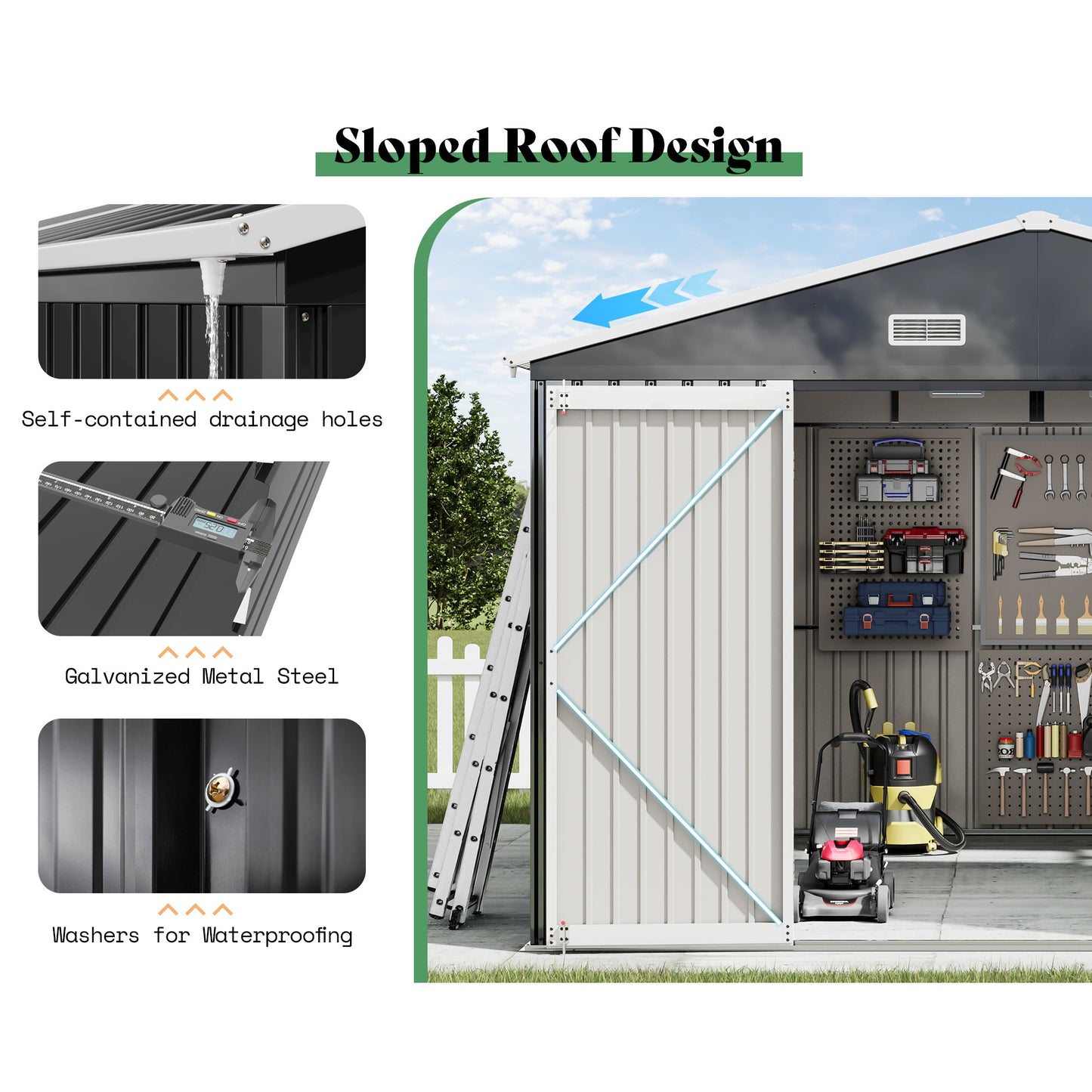 Jocisland 10X12X7 FT Galvanized Steel Storage Shed with 2 4-Pane Windows Hinged Double Doors, Outdoor Shed for Backyard, Garden, Patio