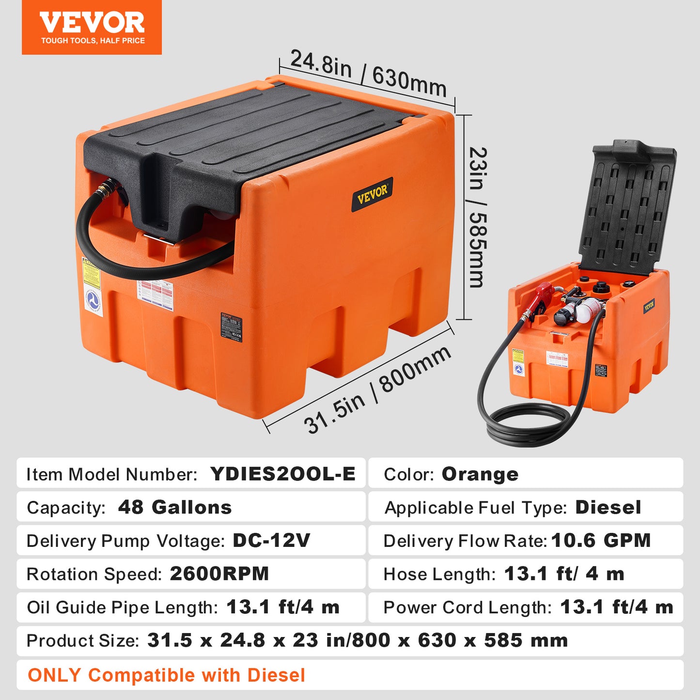 Portable Diesel Tank 48 Gal Fuel Tank with 12V Electric Transfer Pump Orange/Red