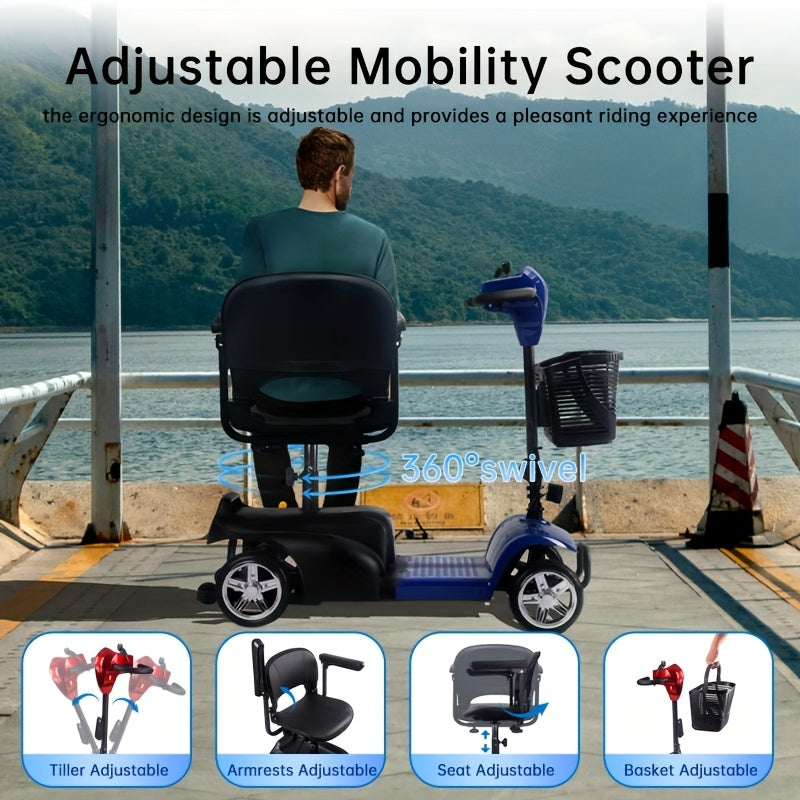 Mobility Aids for The, Four-wheel Foldable Mobility Scooters for Adults, 250w 12V, 12ah 15 Mile Long Range, with LED Headlights And A Detachable Storage Basket. Comes with A Tool Kit, Charger, And Instruction Manual.Holiday Surprise Gift
