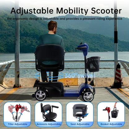 Mobility Aids for The, Four-wheel Foldable Mobility Scooters for Adults, 250w 12V, 12ah 15 Mile Long Range, with LED Headlights And A Detachable Storage Basket. Comes with A Tool Kit, Charger, And Instruction Manual.Holiday Surprise Gift