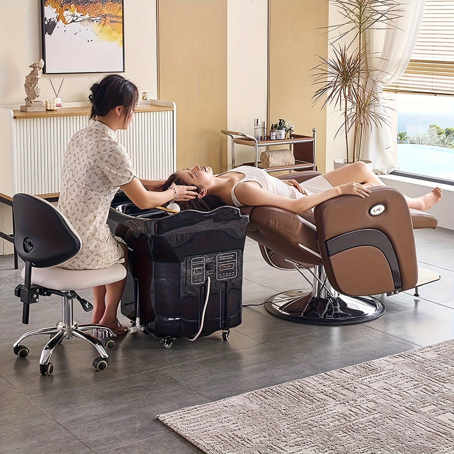 Equipment for Head Spa, Featuring a 360° Cycle Rinse, a Large 15.85gal Water Tank, a Shampoo Basin for Water Therapy, And Light Therapy Along with Fumigation for Hair Relaxation