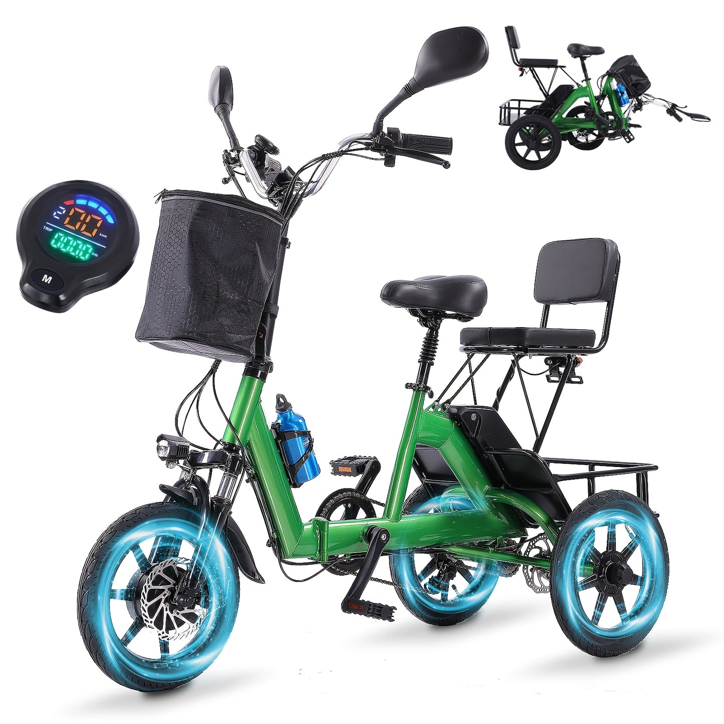 Foldable Electric Tricycle for Home Use, Adult Electric Tricycle, Electric Pedal Bike with 480WH Removable Battery, Dual Seats with Front And Back Baskets, Electric Tricycle for Transporting Kids And Elderly, 45 Miles 3 Riding Modes Etrike