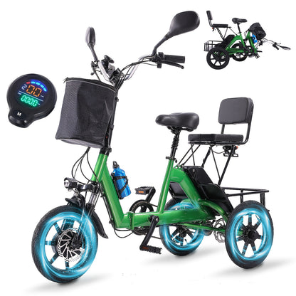 Foldable Electric Tricycle for Home Use, Adult Electric Tricycle, Electric Pedal Bike with 480WH Removable Battery, Dual Seats with Front And Back Baskets, Electric Tricycle for Transporting Kids And Elderly, 45 Miles 3 Riding Modes Etrike