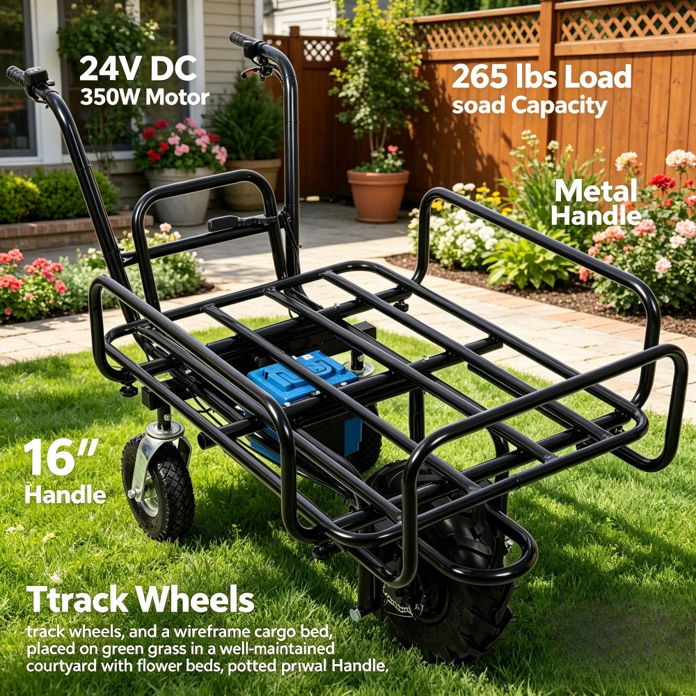 24V DC 350W Electric Transportation Cart, 265Lbs Load Utility Garden Dump Cart with Metal Handle And 16' Track Wheels, Heavy Duty Yard Lawn Wagon for Backyard Farm Outdoor Gardening Cargo Transport