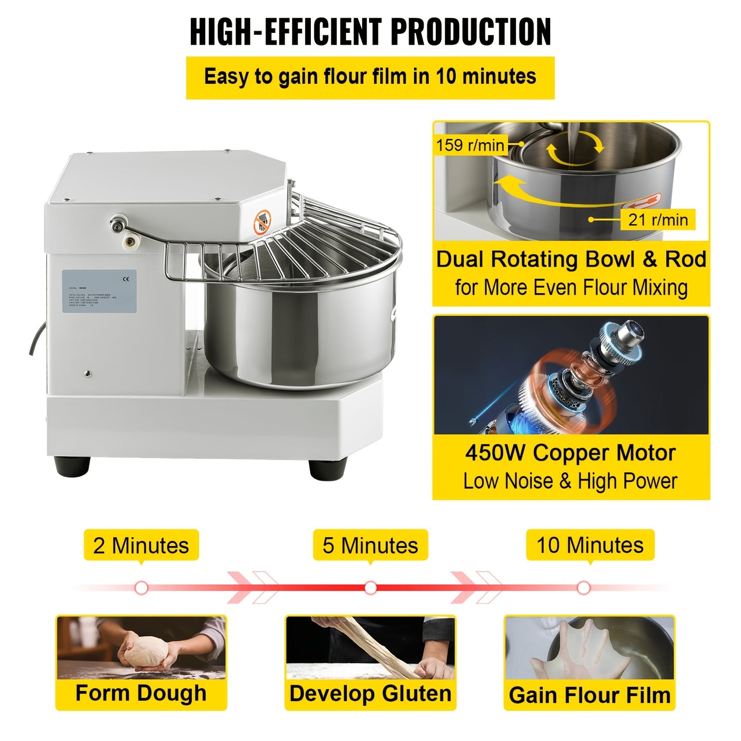 Happybuy 8.5Qt Commercial Food Mixer, 450W Dual Rotating Dough Kneader, Stainless Steel Bowl, Security Shield, Timer, Baking Equipment for Restaurant Pizzeria