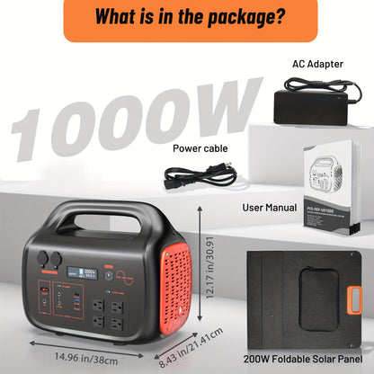 1000W Portable Power Supply Featuring a 200W Solar Panel, 1075Wh Lithium Battery Backup, 120V/1000W AC Outlet, Solar Generator, Ideal for Home, RV, Outdoor Activities, Camping, And Emergency Situations