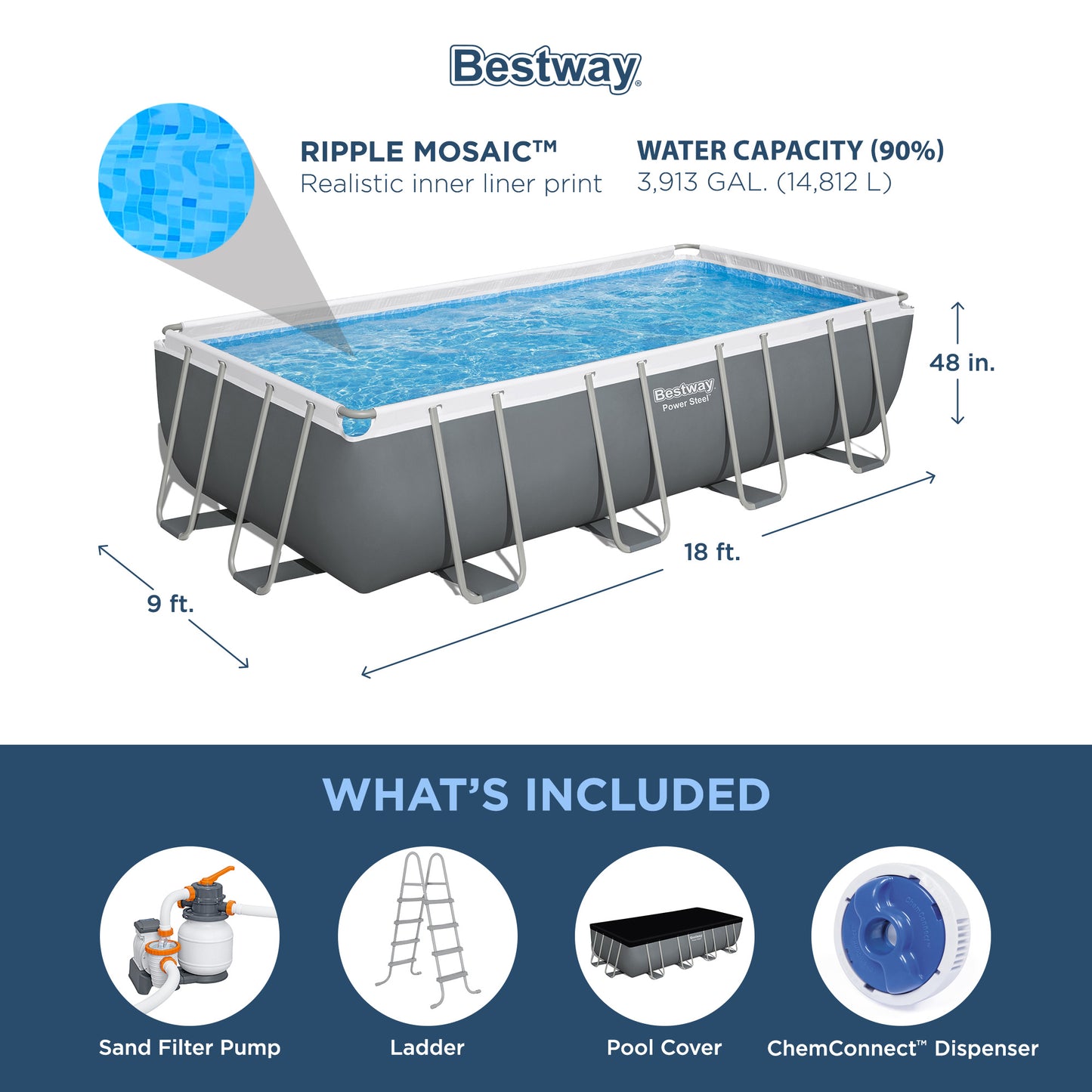 Bestway Power Steel Rectangular Metal Frame Above Ground Swimming Pool Set with 1500 GPH Sand Filter Pump, Ladder, and Pool Cover